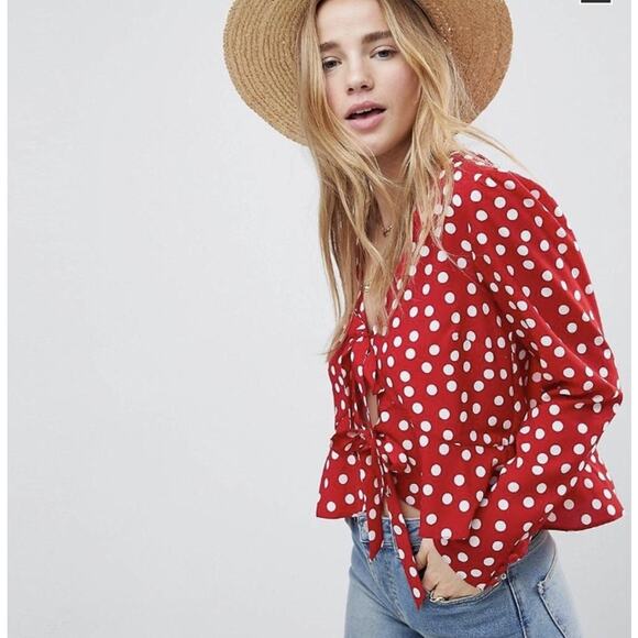 ASOS Design Polka Dot Cropped Top Womens Size 6 Red White Tie Front Blouse - Picture 4 of 11
